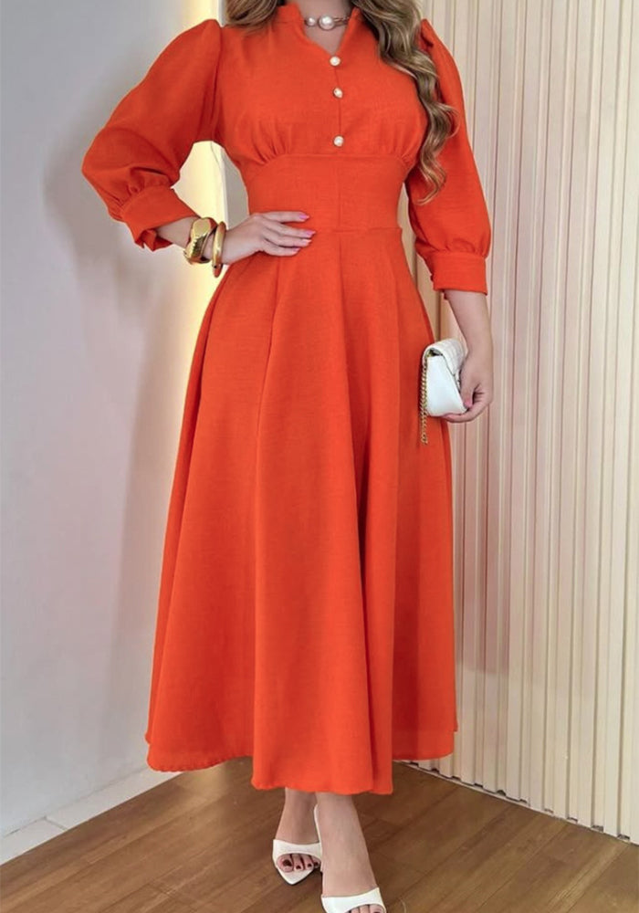 Solid Color Long-Sleeve V-Neck Button  Slim Waist A-Line Dress