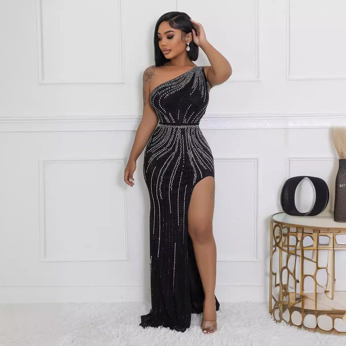 Women Elastic Beaded Sleeveless Slash Shoulder Slit Bodycon Dress 4