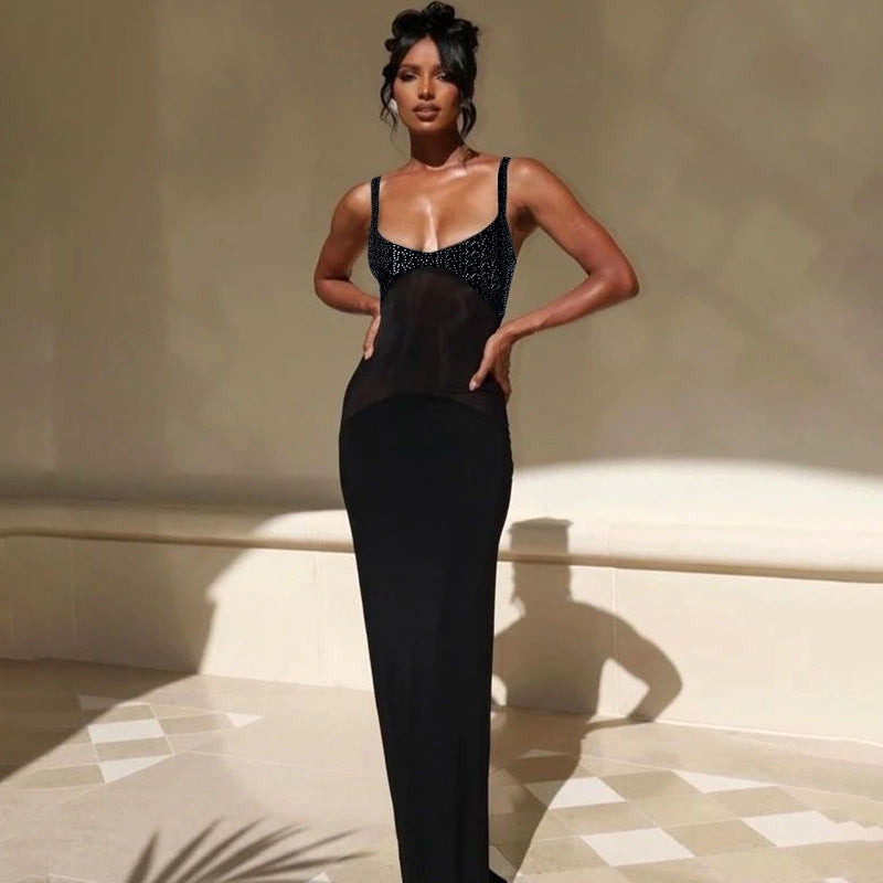 Women's Summer Solid Casual Mesh See-Through Straps Slim Maxi Dress