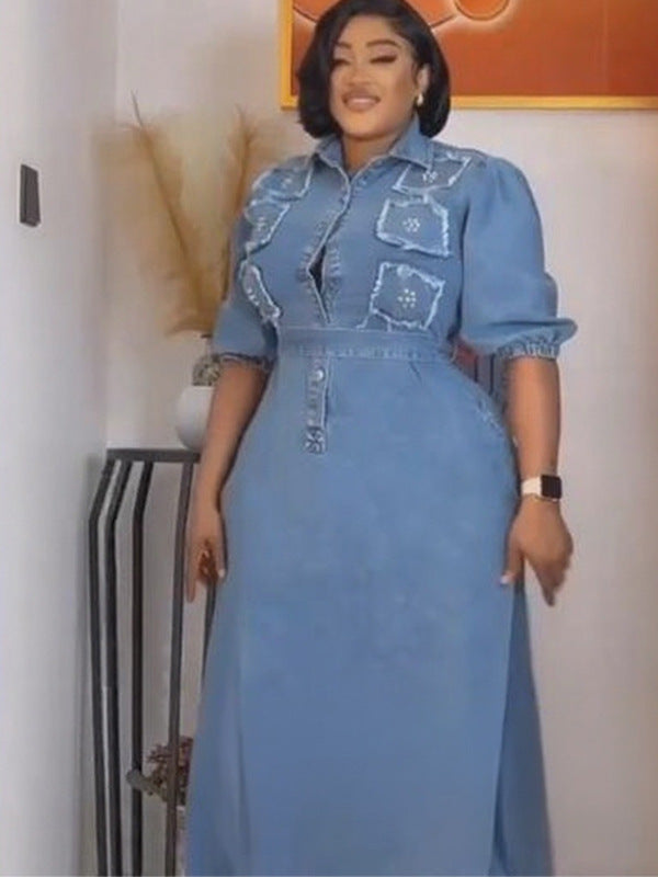 Women Casual Belted Denim Long-Sleeved Dress