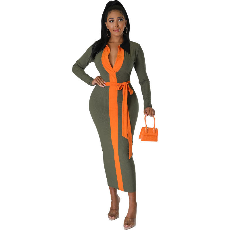 Women Fall Long Sleeve Contrast Belt Dress