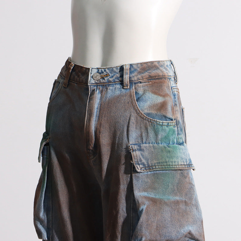 Women Tie Dye Loose Loose Multi Pockets Graffiti Cargo Denim 15