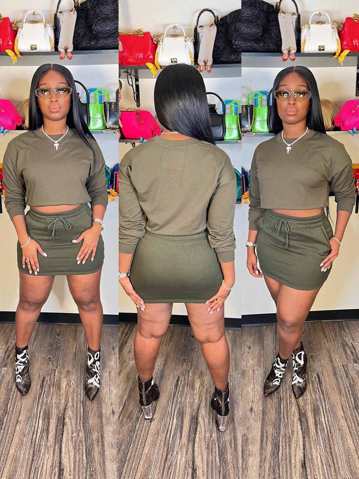 Women Long-Sleeved Solid Bodycon Skirt Two-Piece Set 5