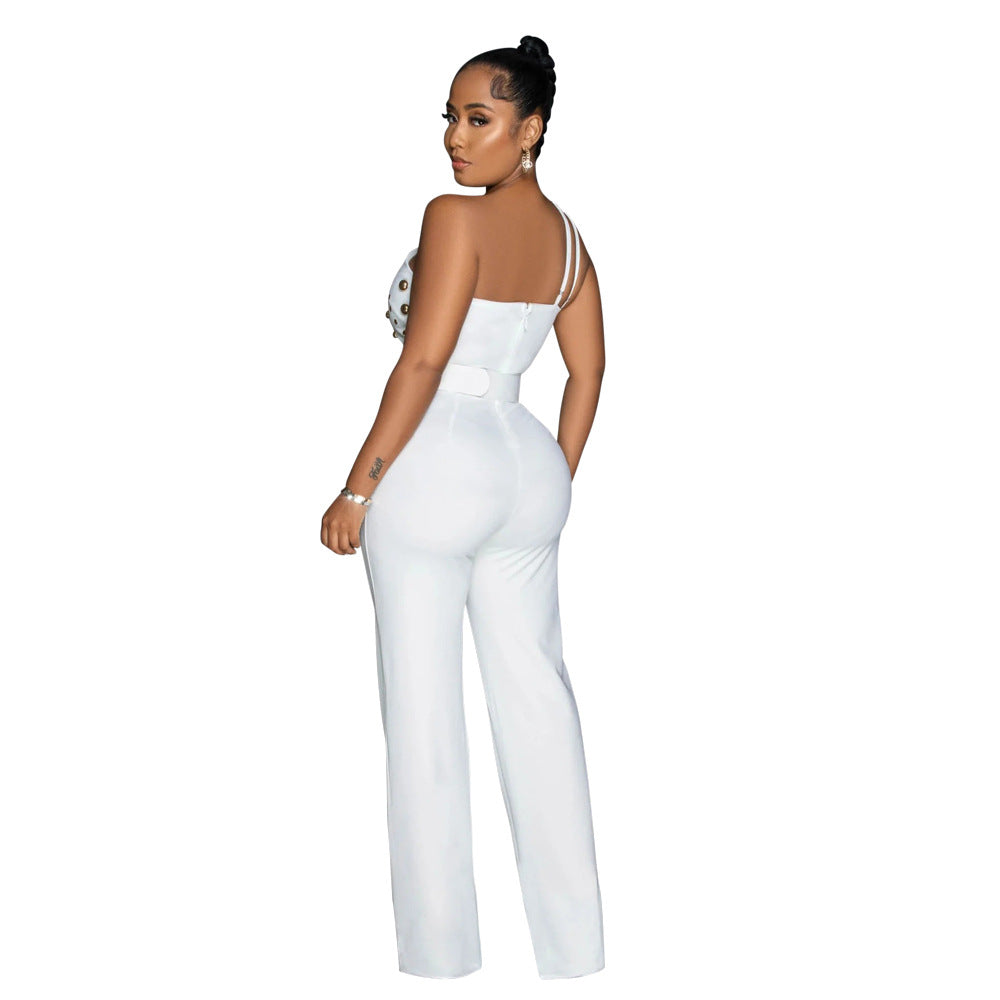 Women's Style Fashionable Solid Color Jumpsuit Slim One Shoulder One Piece Wide Leg Pants 15