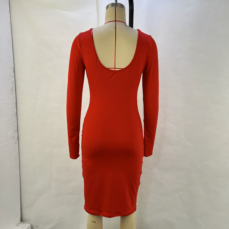 Women Autumn and Winter Square Neck Long Sleeve Solid Bodycon Dress 11