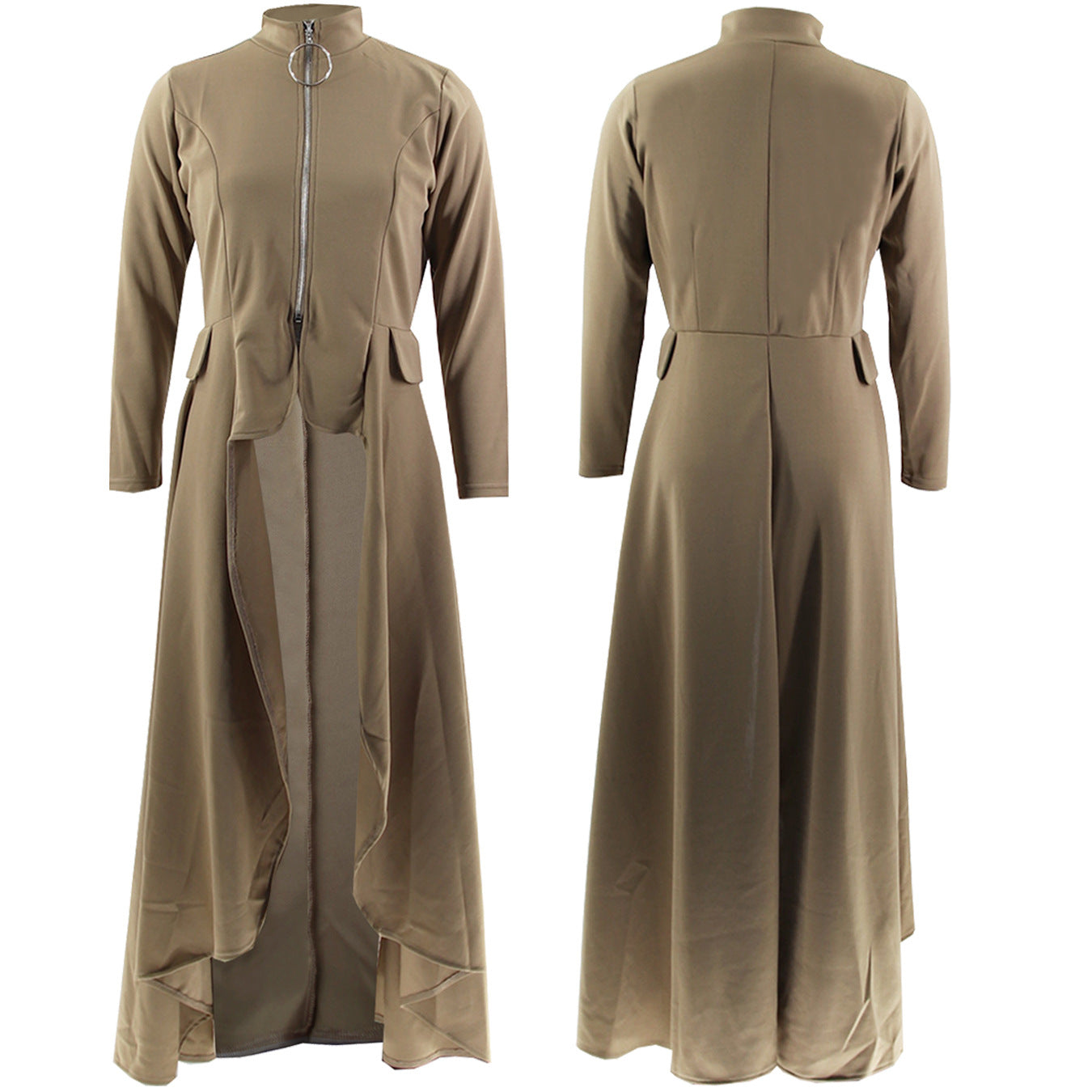 Women Long Sleeve Turtleneck Zipper Fake Pocket Irregular Dress 17