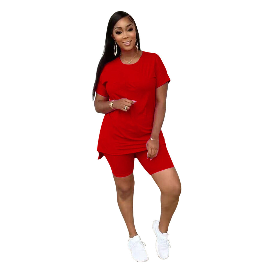 Women's Fashion Casual Spring Summer Pocket Slit Top Shorts Two-Piece Set