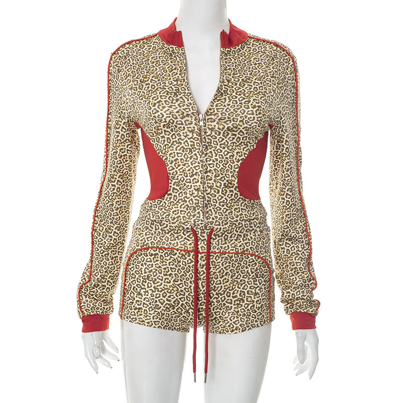 Women's Leopard Print Color Block Long Sleeve Zipper Coat Drawstring Shorts Two-Piece Set 10