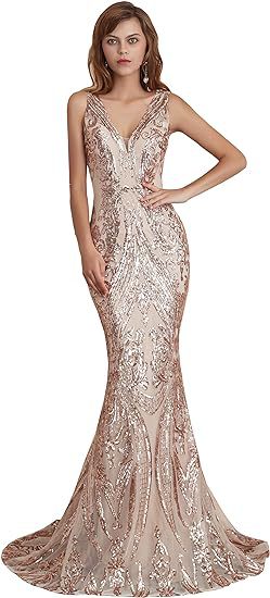 Women Sleeveless Sexy V-Neck Formal Party Sequin Evening Dress（Processing time need 3-6 days） 8