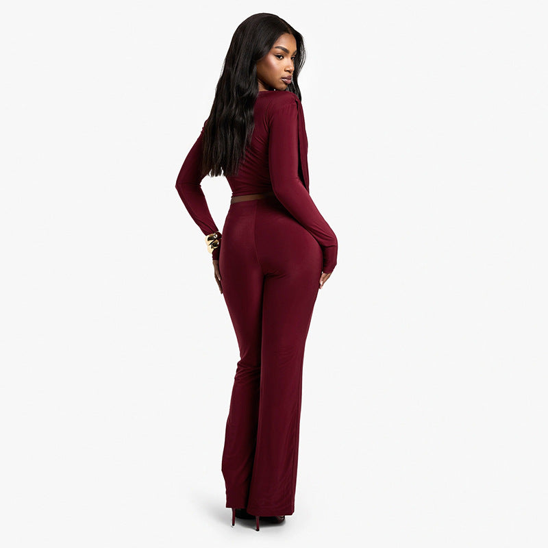 Women Fall Solid Casual Long-Sleeved Top and Pants Two-Piece Set 10