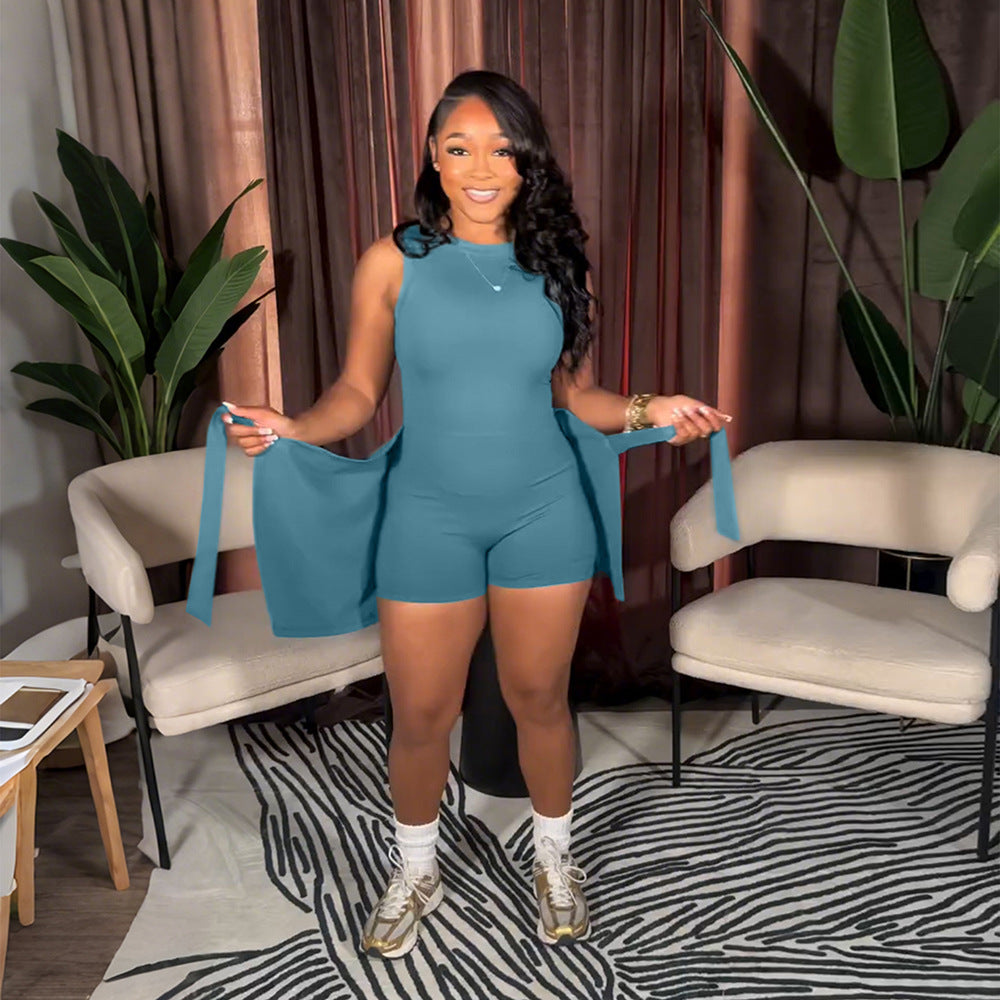 Women Sexy Sleeveless Jumpsuit Lace-Up Cape Two-Piece Dress 5