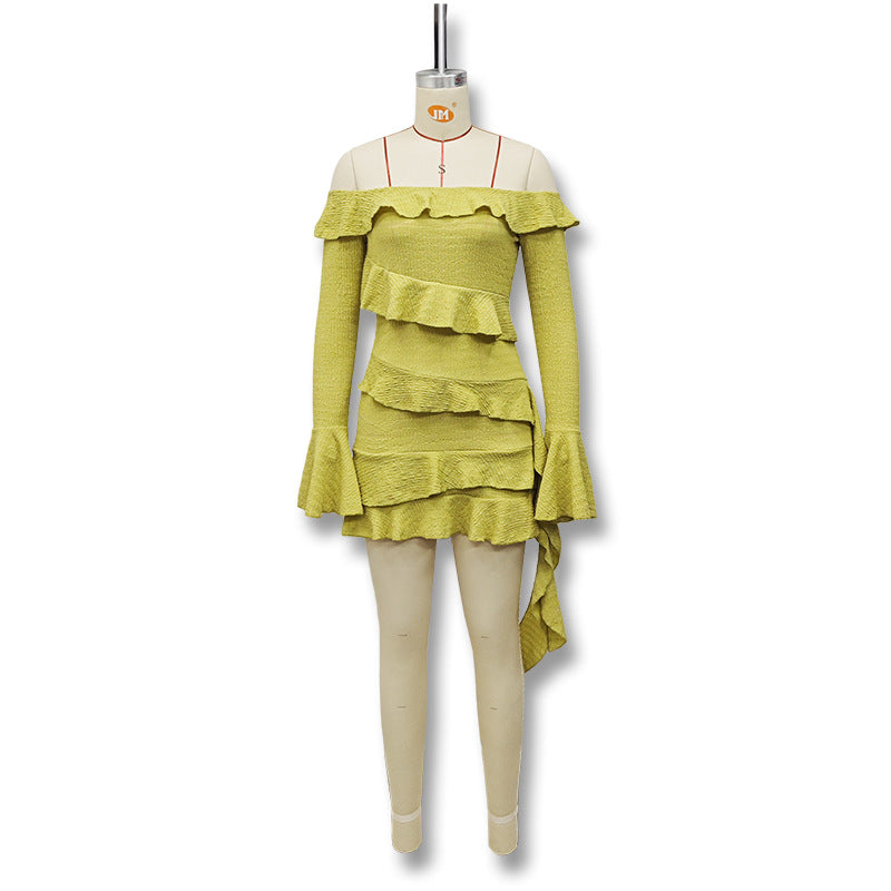 Autumn Women long-sleeved Bell Bottom sleeves Off Shoulder ruffle dress 8
