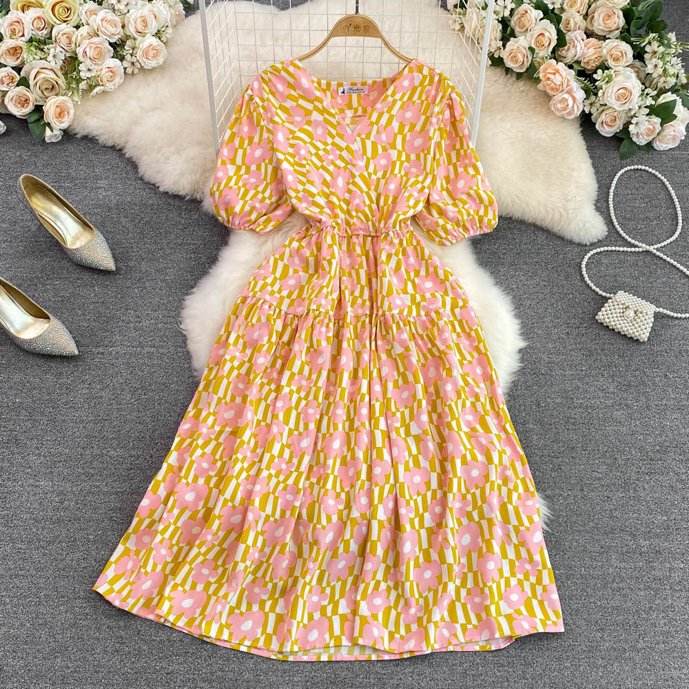 Women Summer V-Neck Puff Sleeve Floral Dress 16