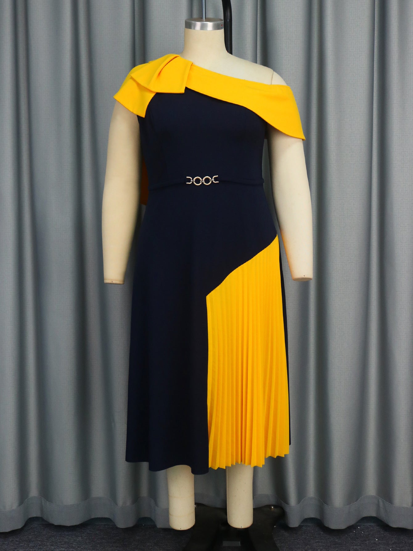 Women Style One Shoulder Collar Contrast Patchwork Party Dresses 8