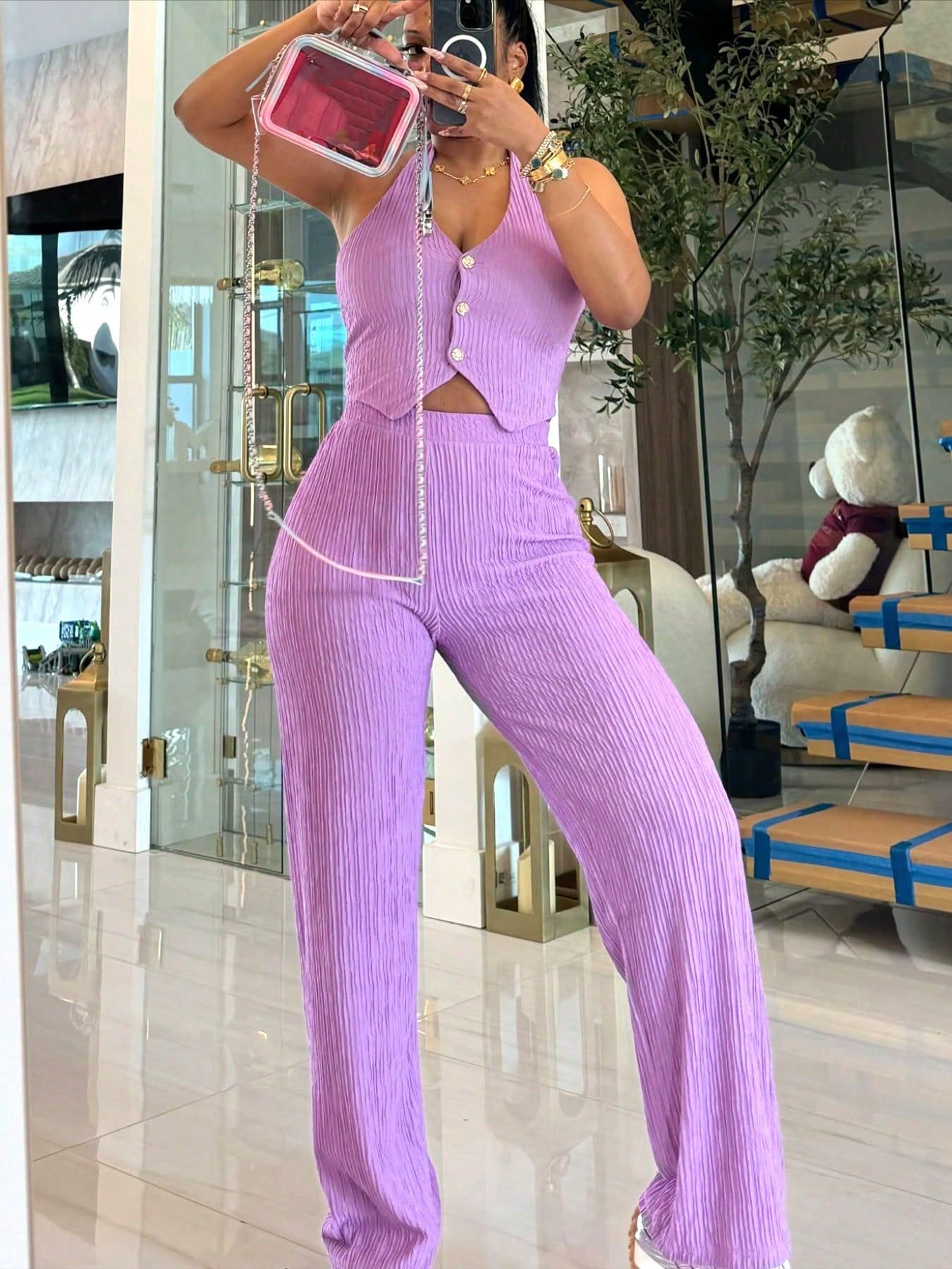 Women Halter Neck Crop Top and Wide Leg Pants Two-piece Set 7