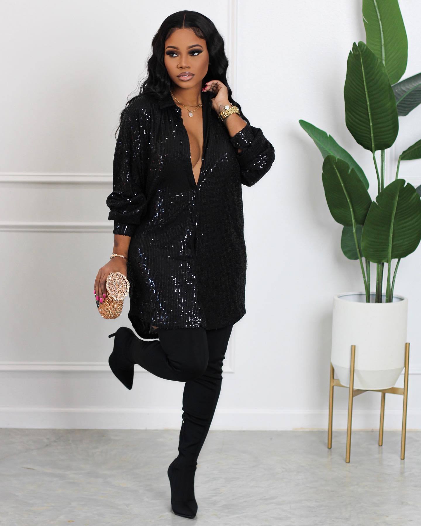 Women Solid Sequin Loose Shirt Dress
