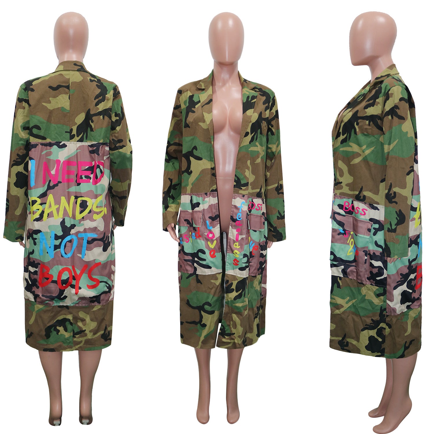 Women's Long Casual Fashion Camouflage Printed Patched Jacket 7
