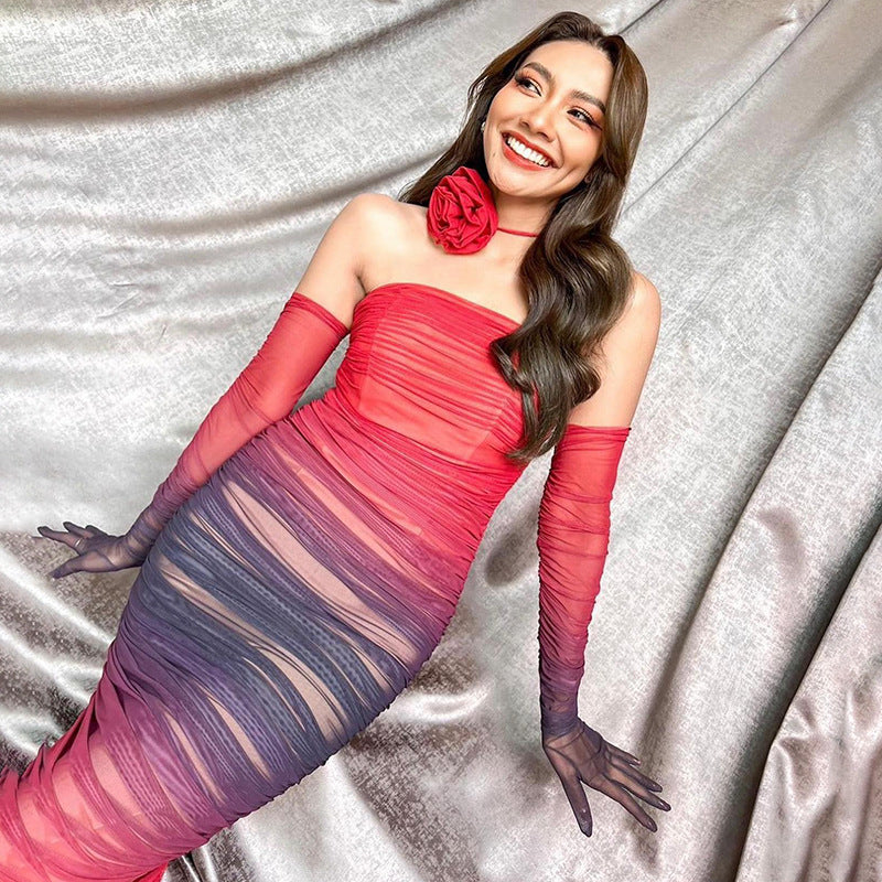 Women Mesh Gradient Off Shoulder Strapless Backless Dress 3