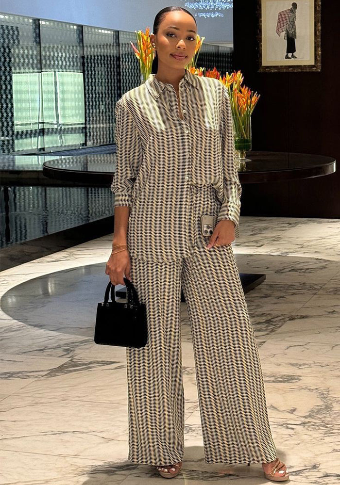 Women casual print long-sleeved shirt and wide-leg Pants two-piece suit