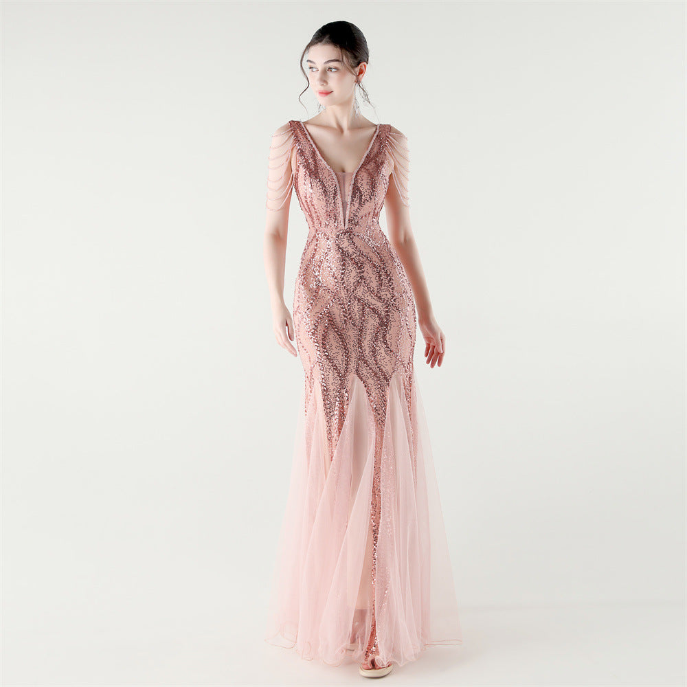 V-Neck Off-Shoulder Mesh Swing Luxury Slim Sequined Evening Dress 14