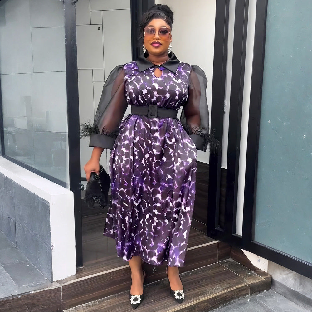 Plus Size African Women Three-quarter Sleeve Black Feather Turndown Collar Print Dress 3