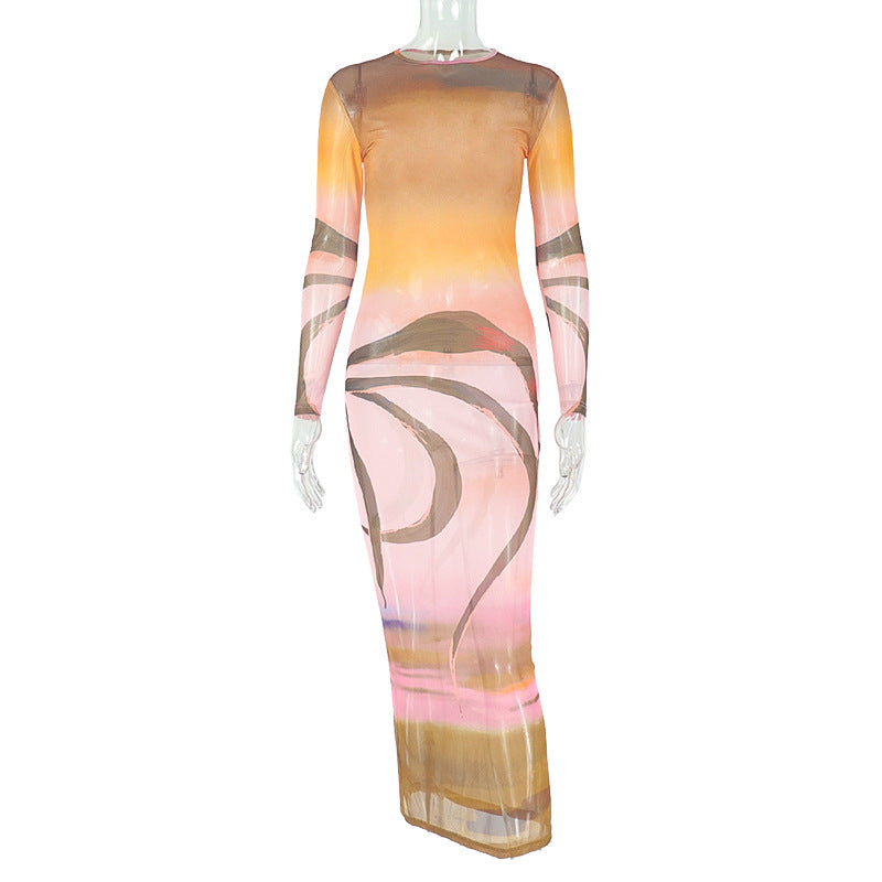 Fashion women's print round neck long sleeve micro-transparent bodycon dress 6