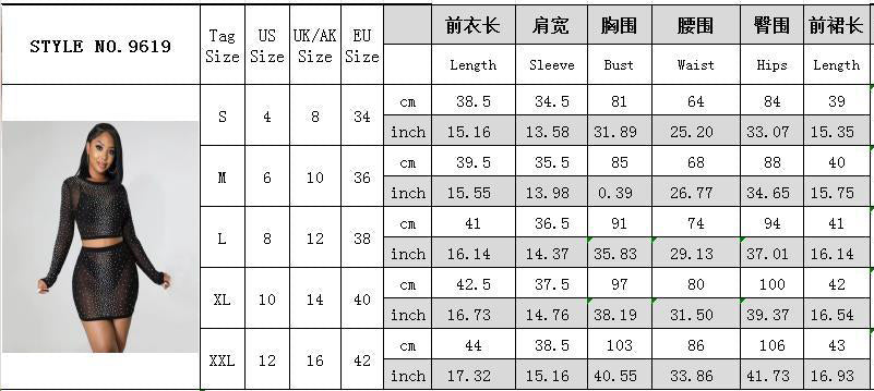 Fashion Sexy Slim See-Through Long Sleeve Beaded Mesh Top Mini Skirt Two-Piece Set 8