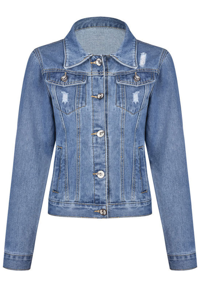 Women Ripped Long Sleeve Denim Jacket