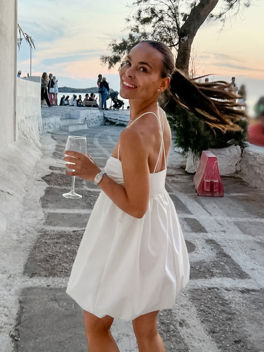 Women Spring and Summer Casual White Sexy Suspender V-Neck Dress 5