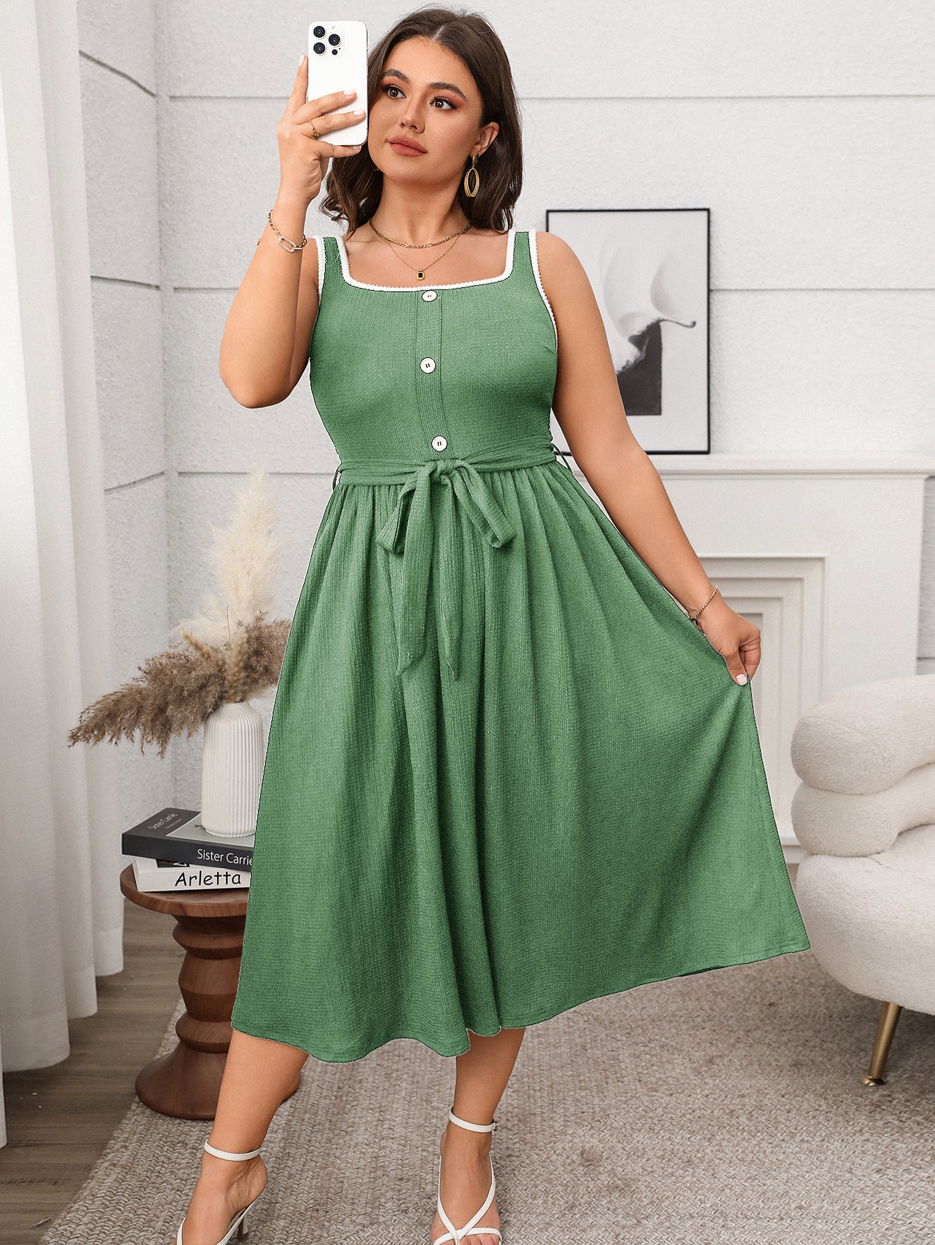 Spring/Summer Plus Size Solid Color Casual Strap Low-Back Long Dress 3