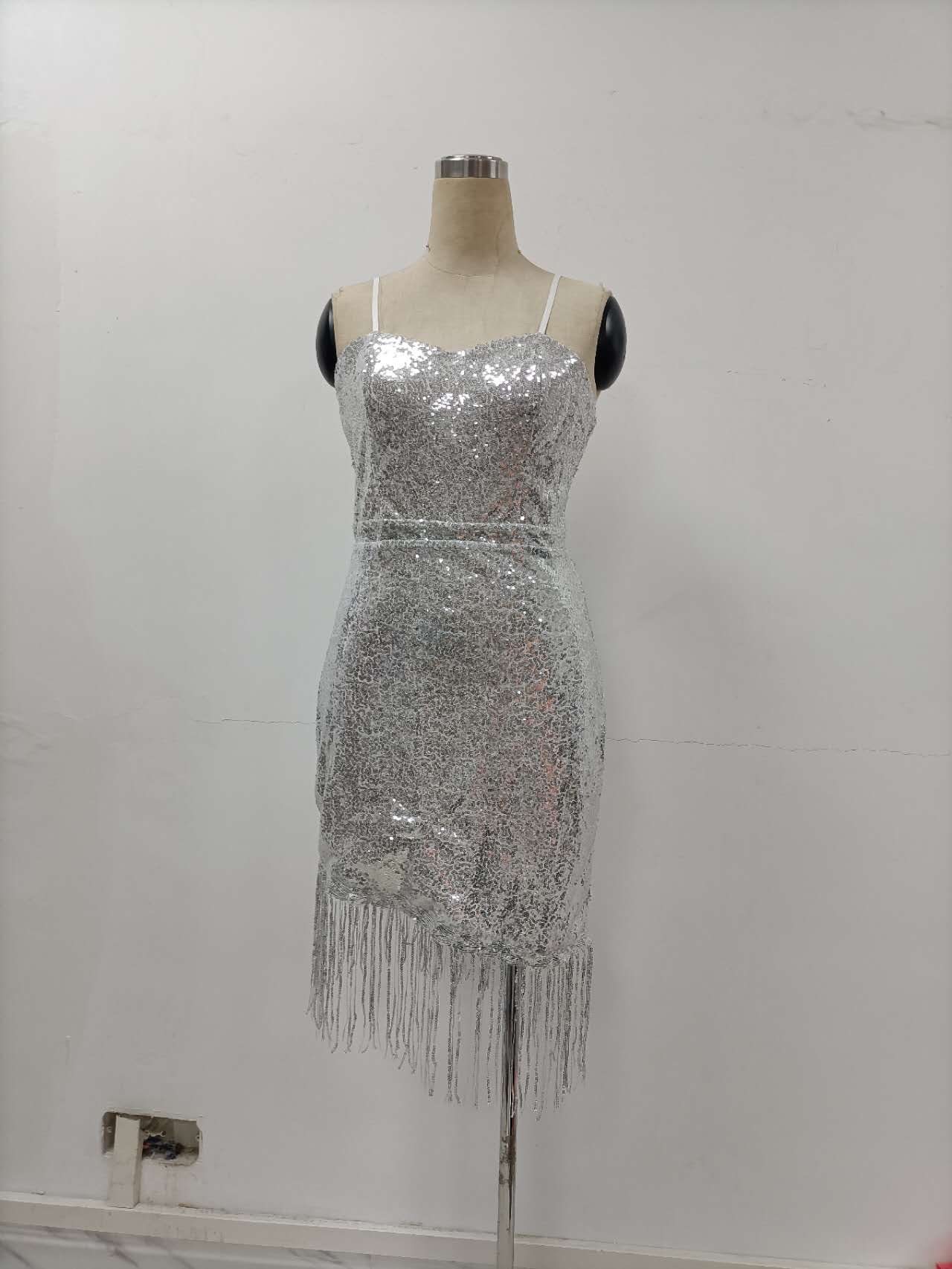 Women's Silver Sling Fringe Sexy Party Long Dress 6