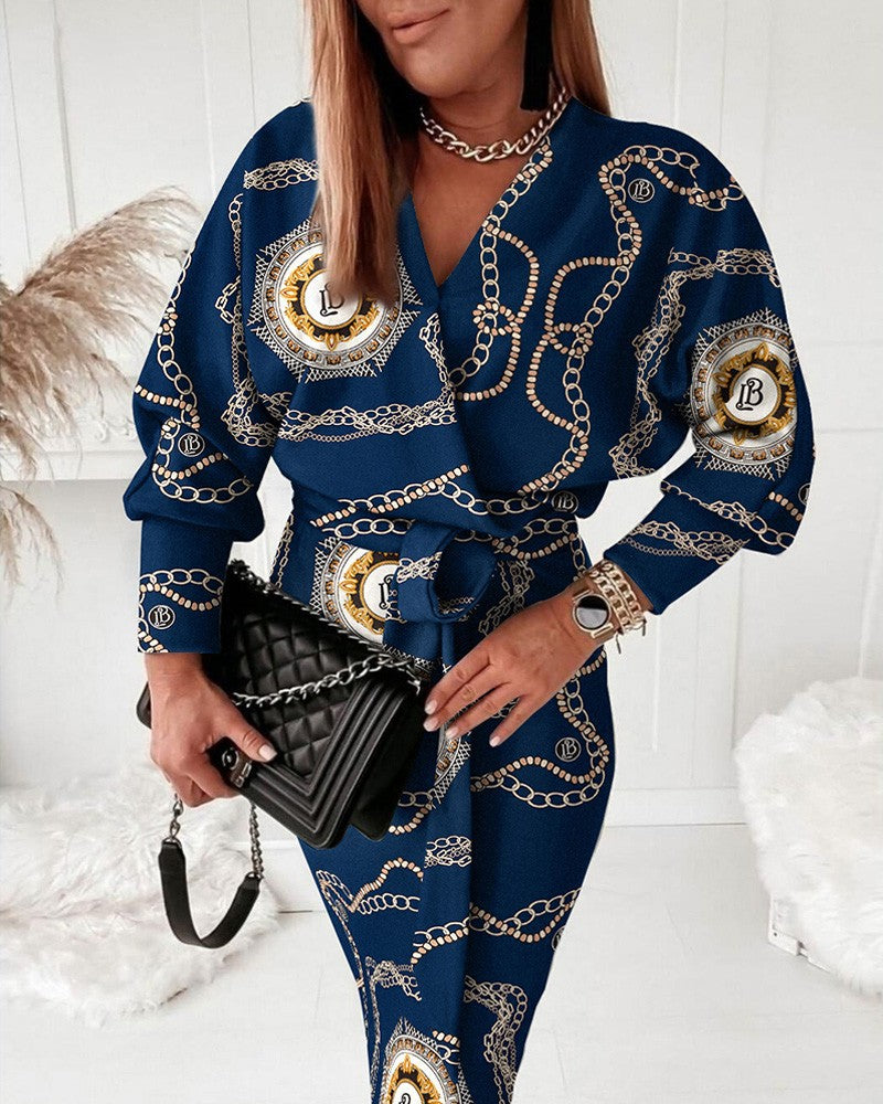 Autumn Print V-Neck Sexy Fashion Long Sleeve Dress 14