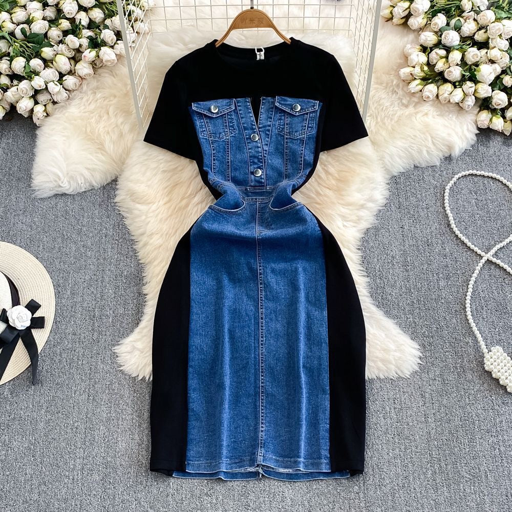 Women Short Sleeve Round Neck Denim Patchwork Casual dress 3