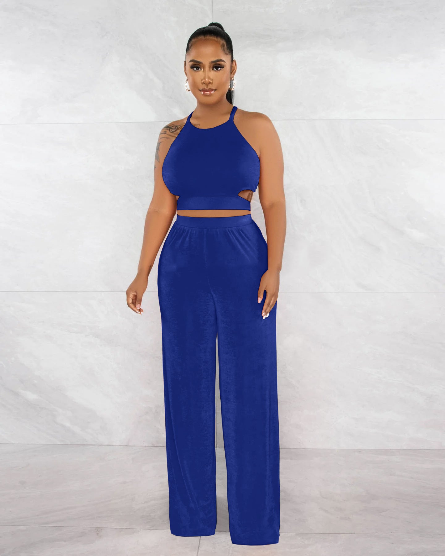 Women Halter Neck Crossover Crop Top andSolid Wide Leg Pants Two-Piece Set 7