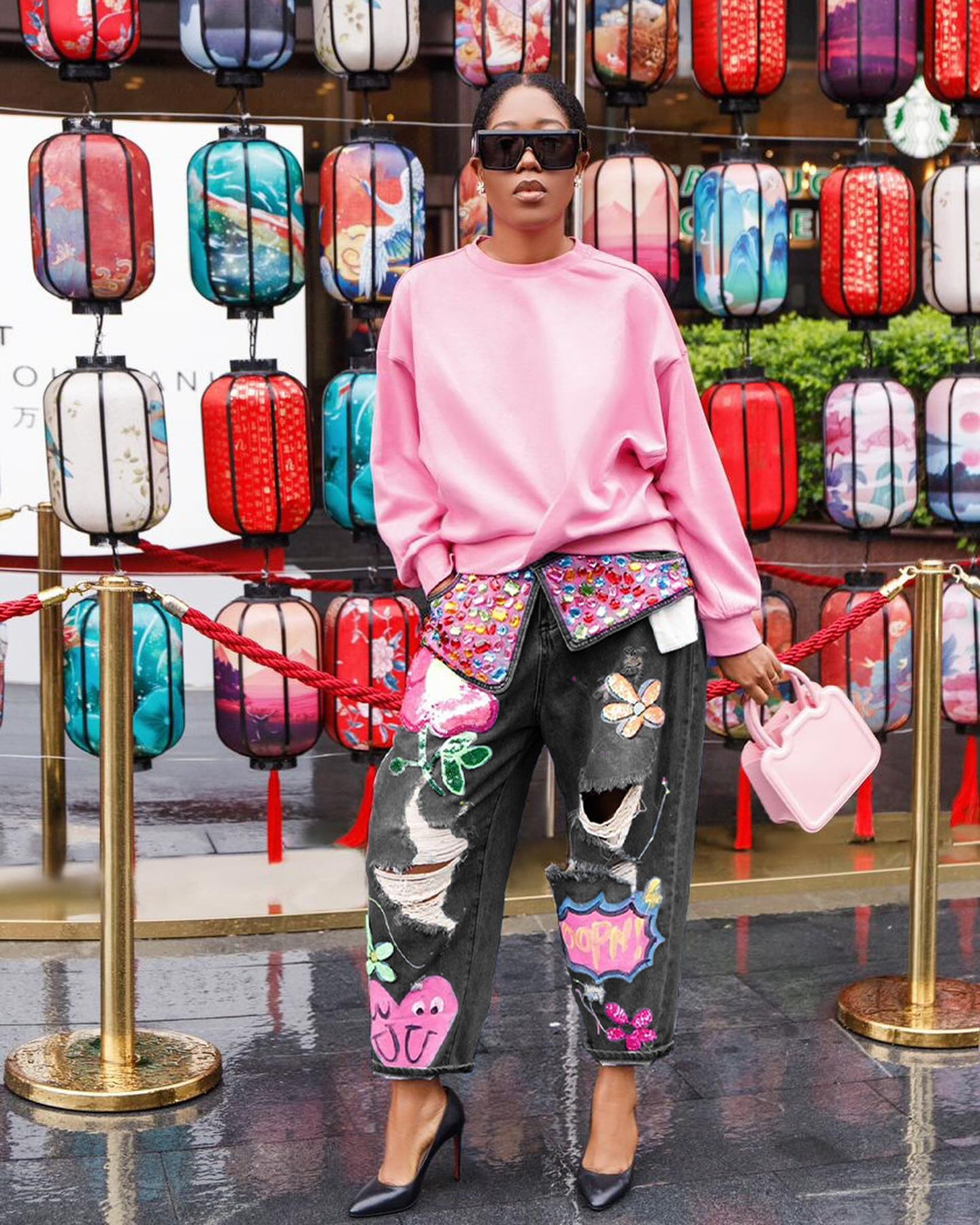 Fashion Beaded Print Cut Denim Pants