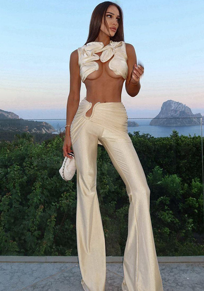 Summer Women's Fashion Twist Sexy Hollow-out Top Slim Long Pants Two-Piece Set