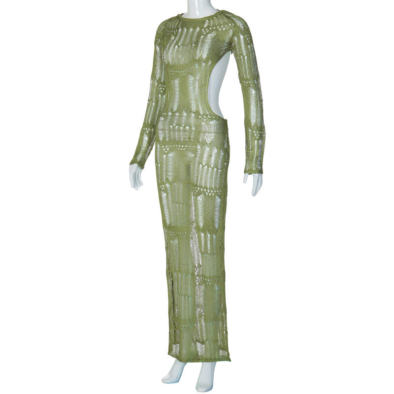 Spring Sexy Low Back Hollow See-Through Long Sleeve Slim Chic Long Knitting Dress 5