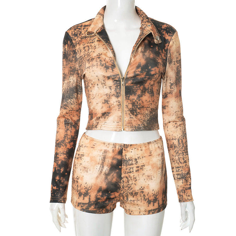 Women's Tie-Dye Print Long Sleeve Zip Top & Tight Fitting Shorts Two-Piece Set 6