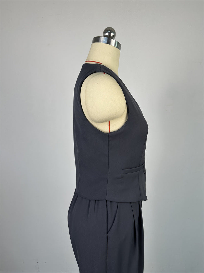 Women 's Spring V-Neck Sleeveless Vest Wide-Leg Trousers Casual Suit 30