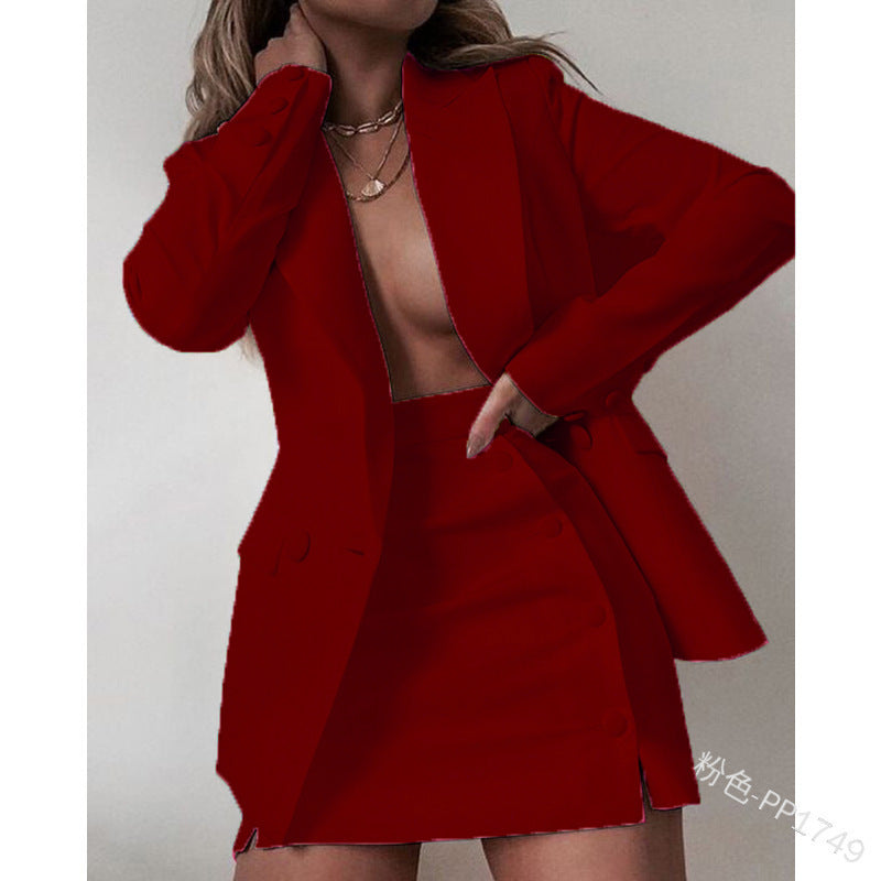 Solid Color Suit Blazer Coat Skirt Two Piece 9