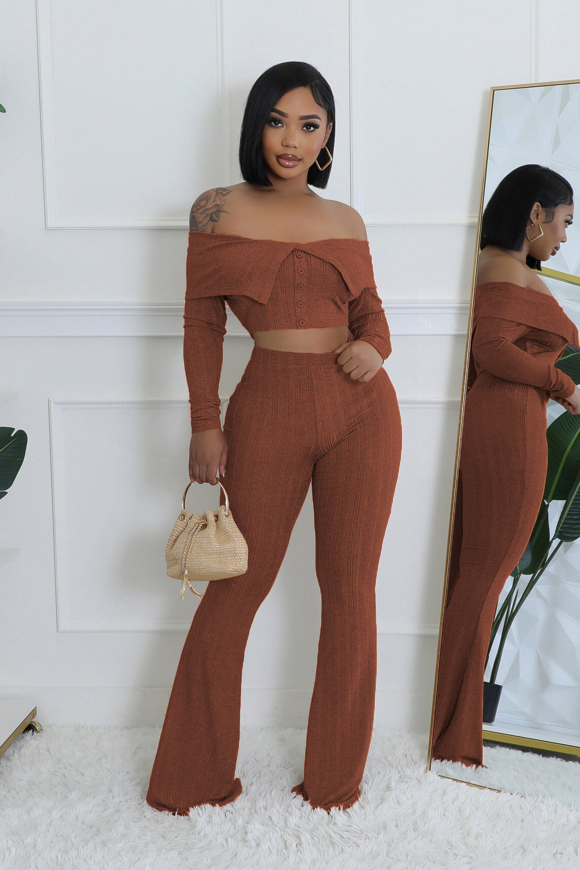 Women Solid Off-Shoulder Top and Wide Leg Pants Two-Piece Set 4
