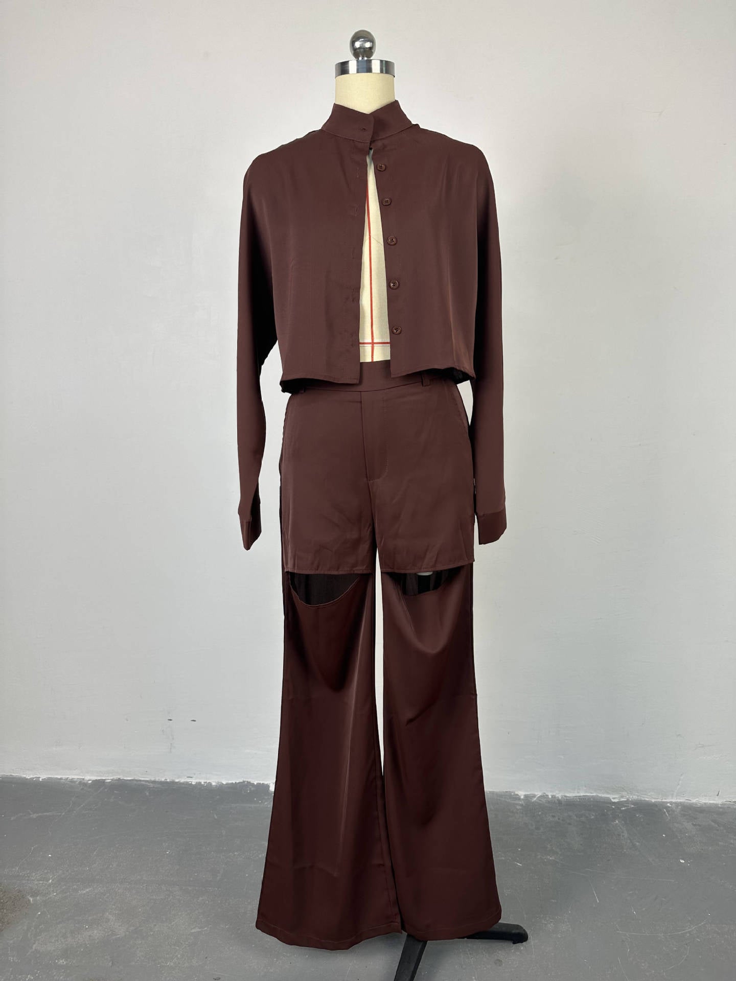 Women Autumn Solid Turndown Collar long-sleeved shirt and wide-leg Pant Casual two-piece set 9