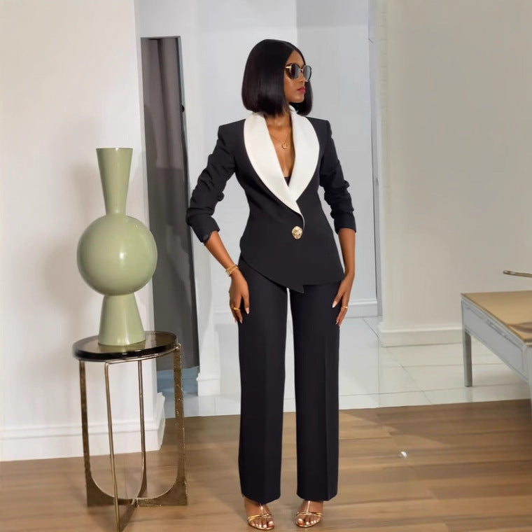 Women's Elegant Career Color-Blocking Turndown Collar Casual Suit Two-Piece Set 7