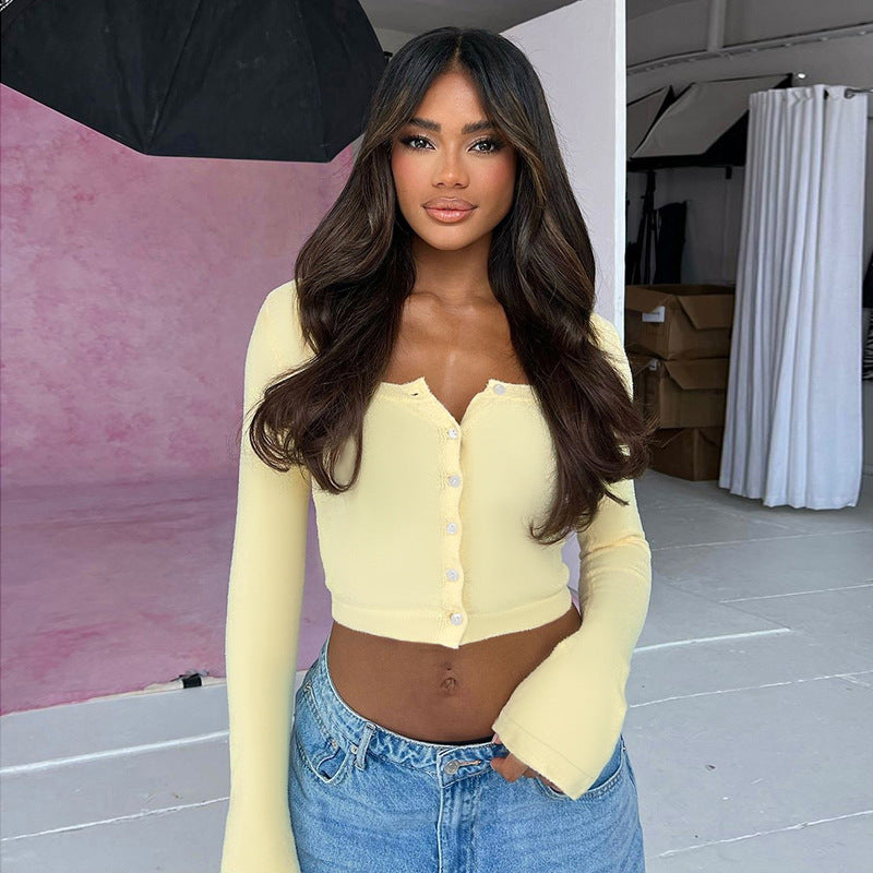 Women Casual knitting long-sleeved Crop Top 3