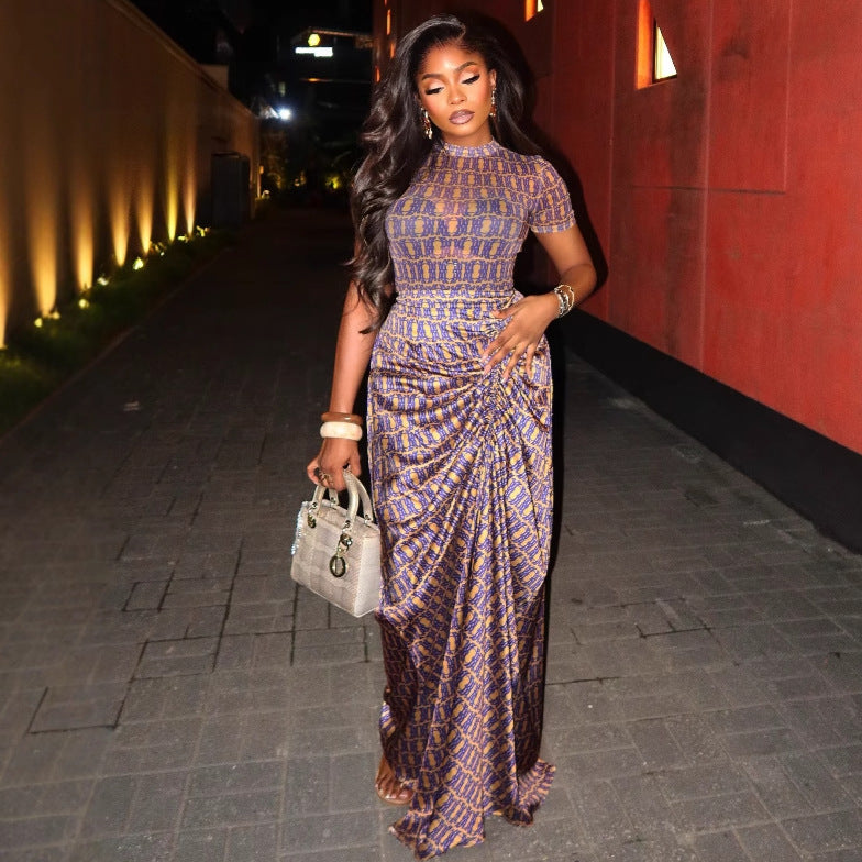 African Plus Size Women's Chic Elegant Maxi Dress Short-Sleeve Pleated Party Gown 3