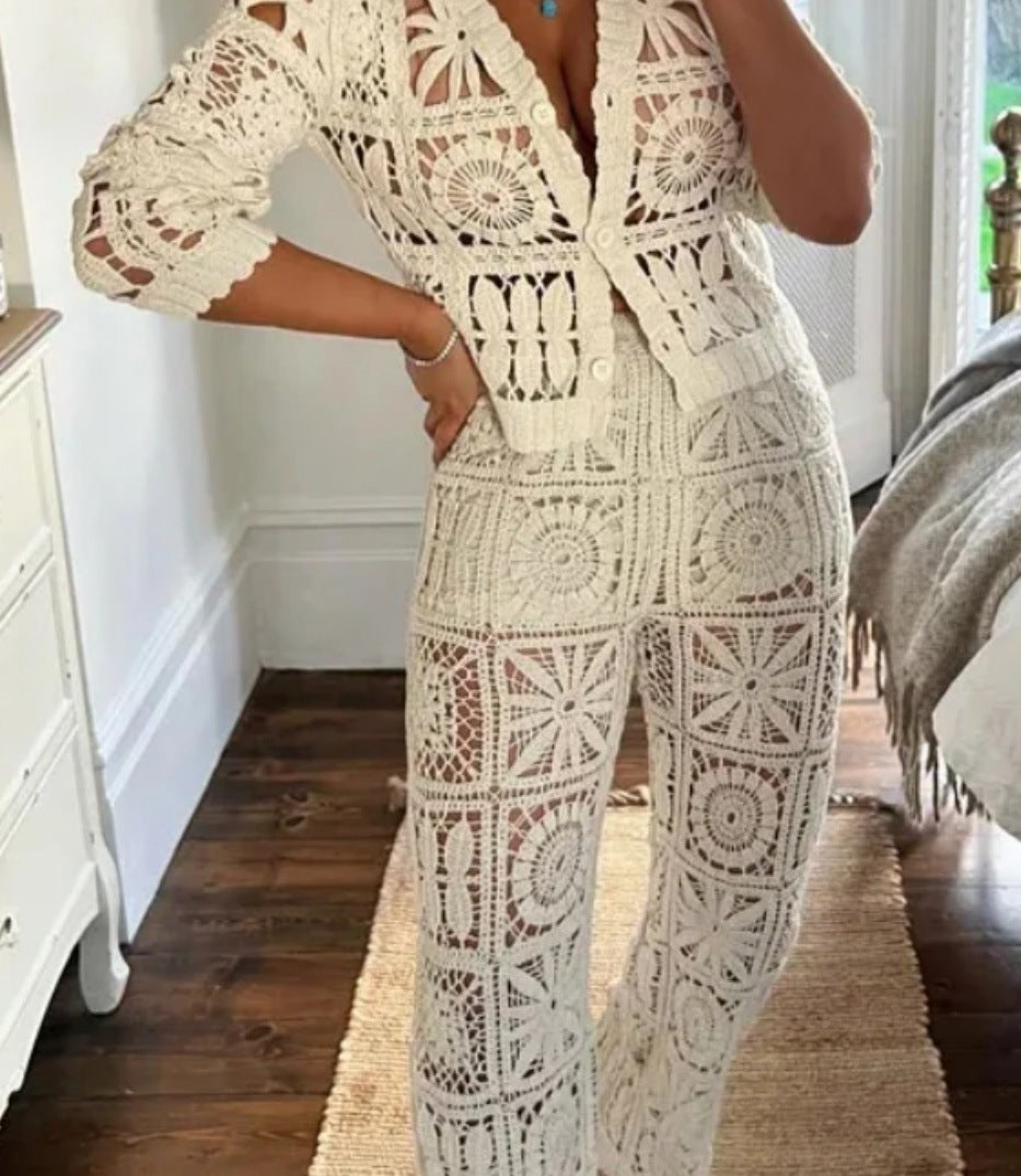 Women knitting hollow Top and Pants Two Piece Set 3