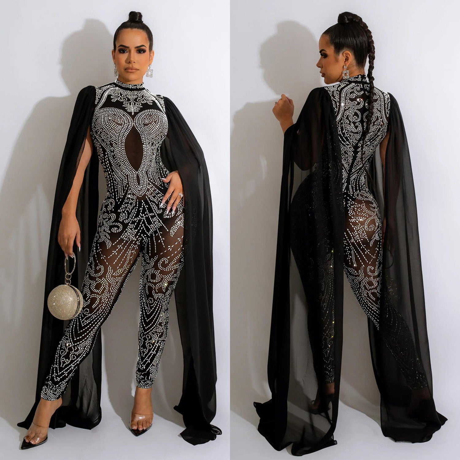 Women Beaded Mesh See-Through Slit Sleeve Jumpsuit 6