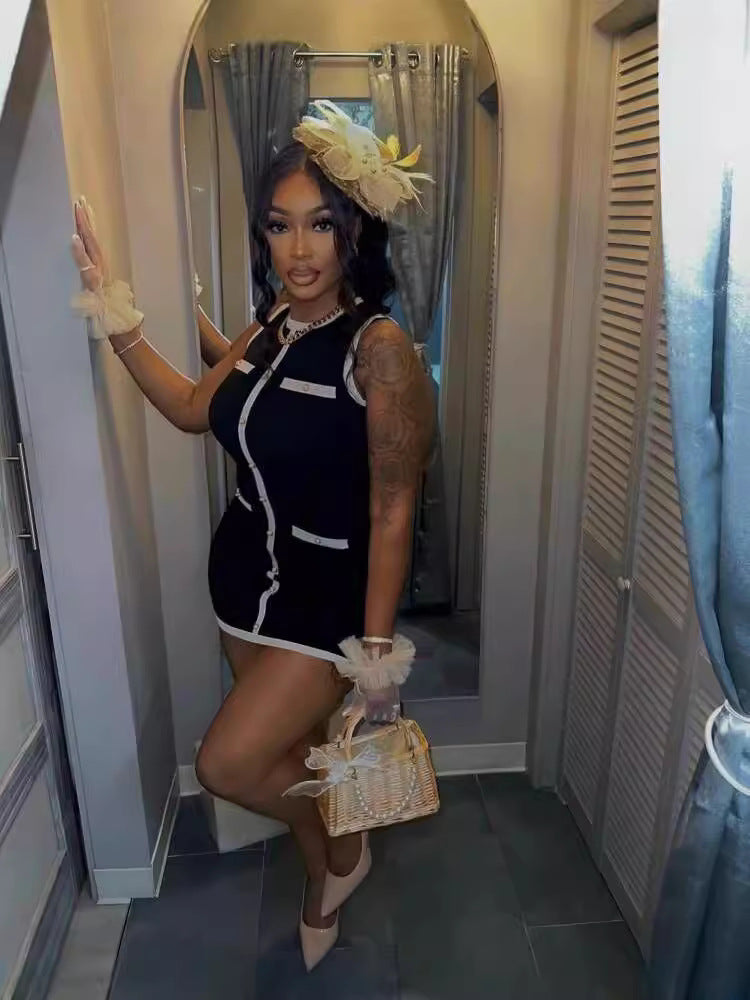 Elegant Sexy Dress Knitting Skirt Pearl Button Sleeveless Sexy Dress