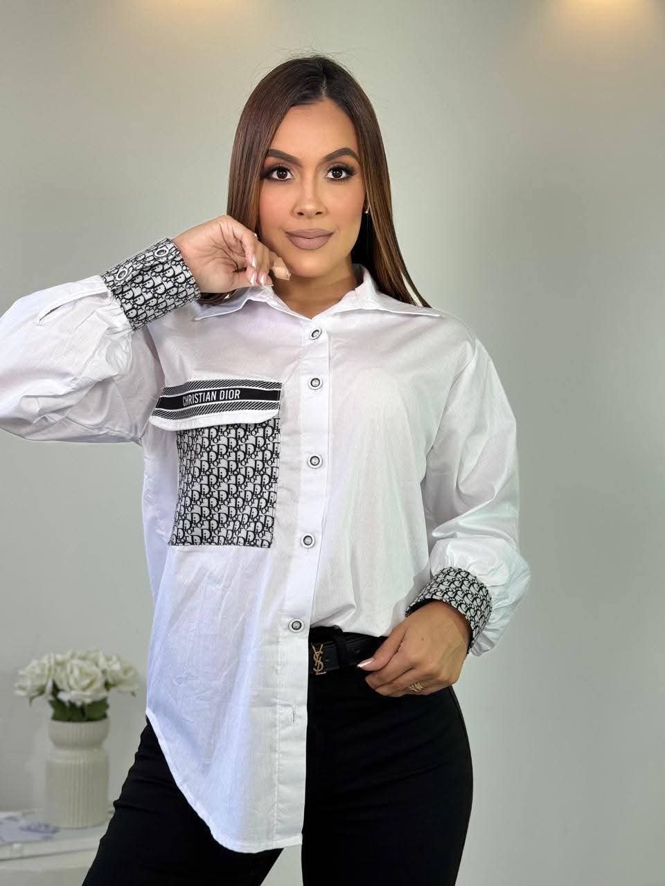 Women summer and autumn long-sleeved solid printed letter shirt (with pockets) 7