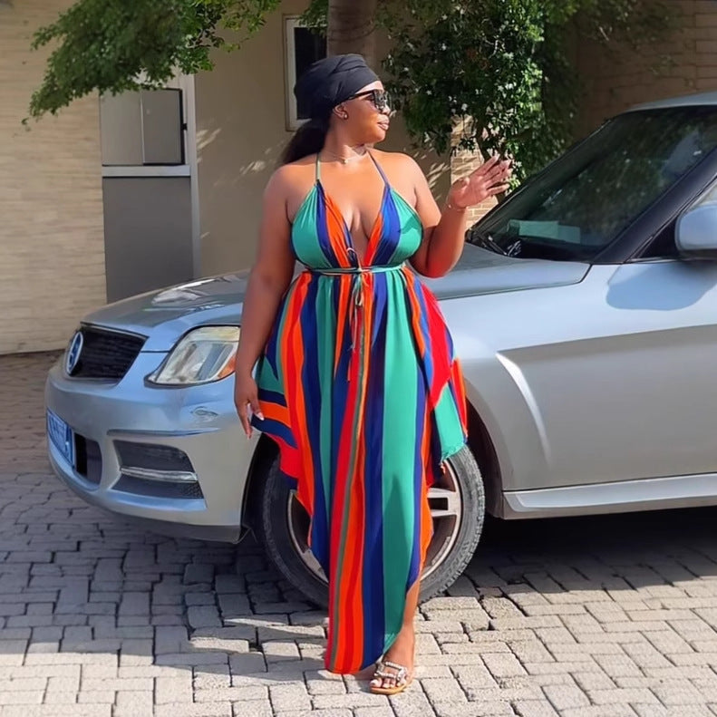 Sexy Low-Back Printed Halter Neck Lace-Up High-Slit Maxi Dress 3